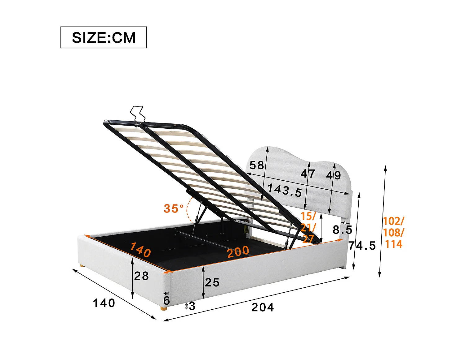 Lit coffre 140x200 cm - Lit adulte avec tête de lit unique réglable - sommier à lattes - Peluche blanc