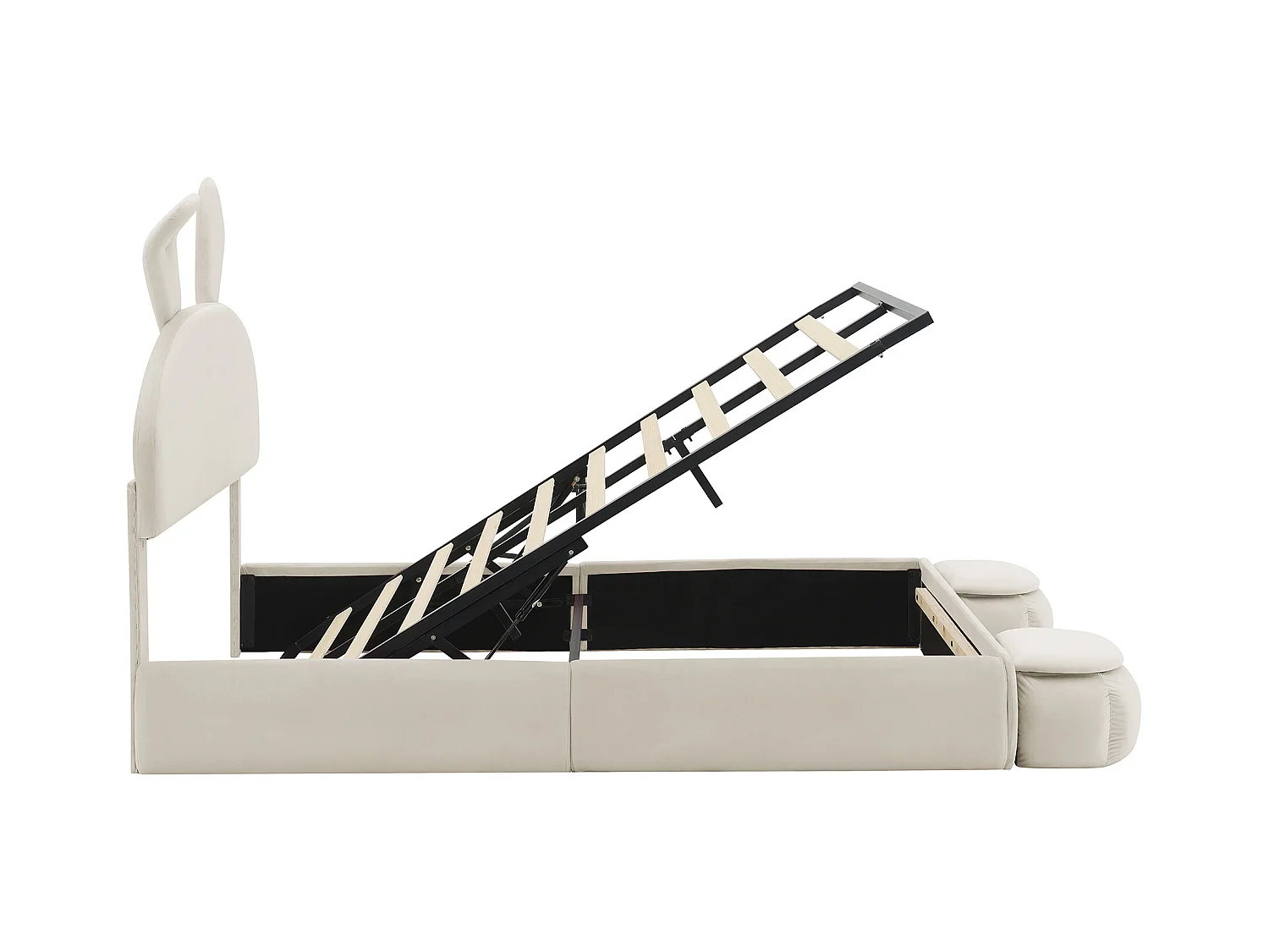 Lit simple 140x200 cm - Lit enfant avec deux banquettes de rangement et bandeau lumineux chaleureux - velours beige - sans matelas