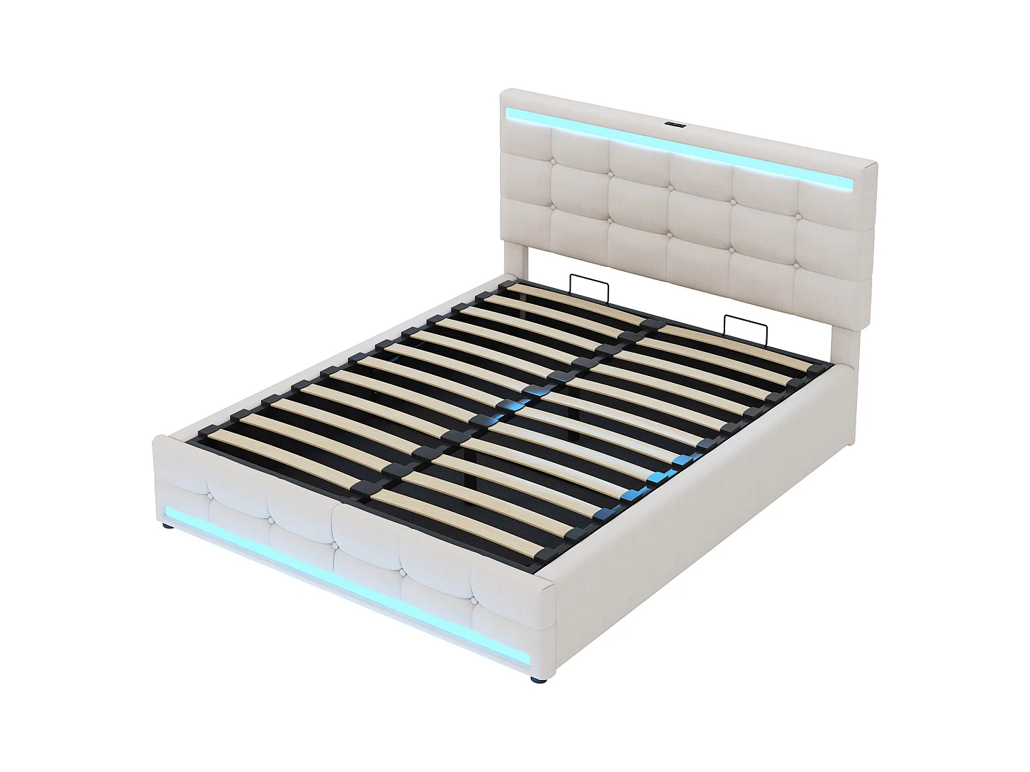 Łóżko z pojemnikiem 140x200 cm - Łóżko podwójne z LED i USB - Regulowany zagłówek - Beżowy len - Bez materaca