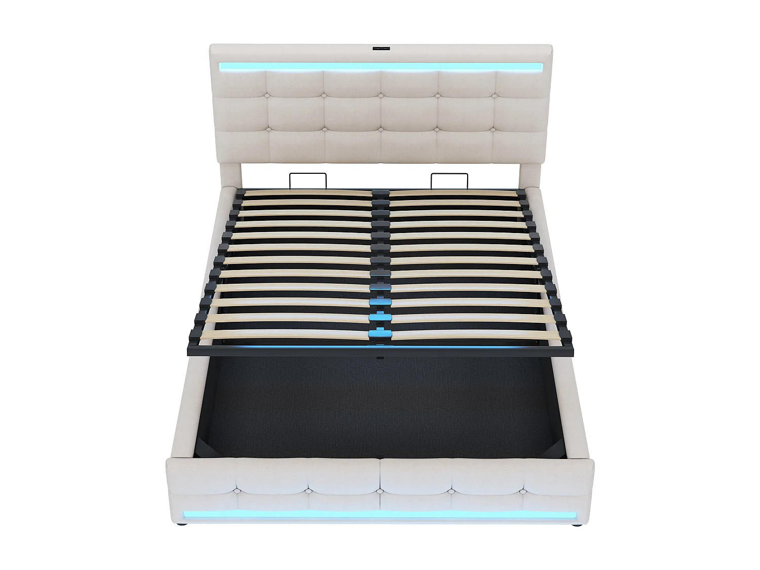 Lit coffre 140x200 cm - lit double avec LED et USB - tête de lit réglable - lin beige - sans matelas