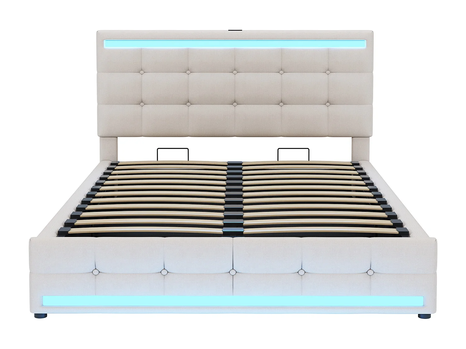 Lit coffre 140x200 cm - lit double avec LED et USB - tête de lit réglable - lin beige - sans matelas