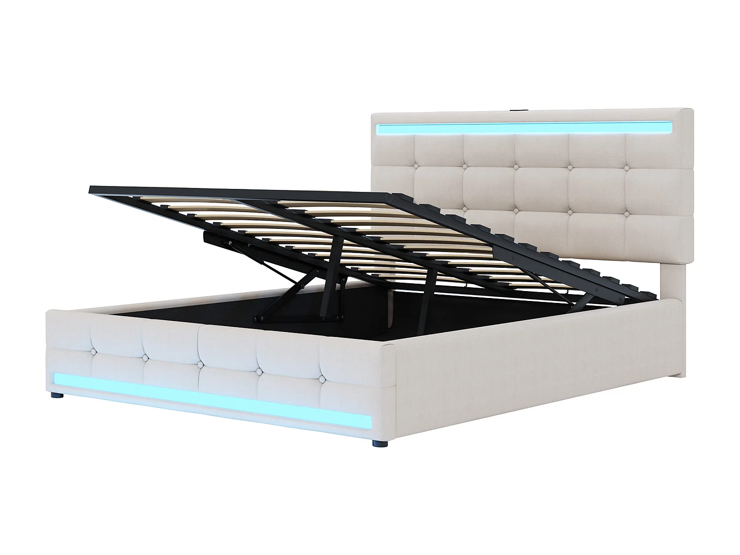 Lit coffre 140x200 cm - lit double avec LED et USB - tête de lit réglable - lin beige - sans matelas