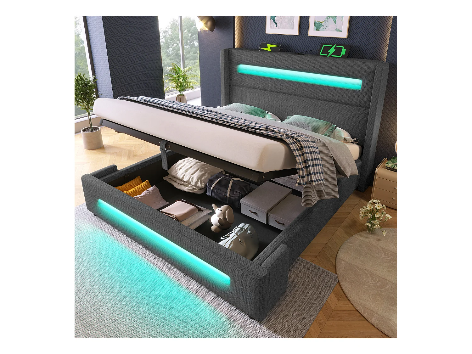 Lit coffre 140x200 cm - Lit adulte avec chargement USB et éclairage LED - lin gris - sans matelas