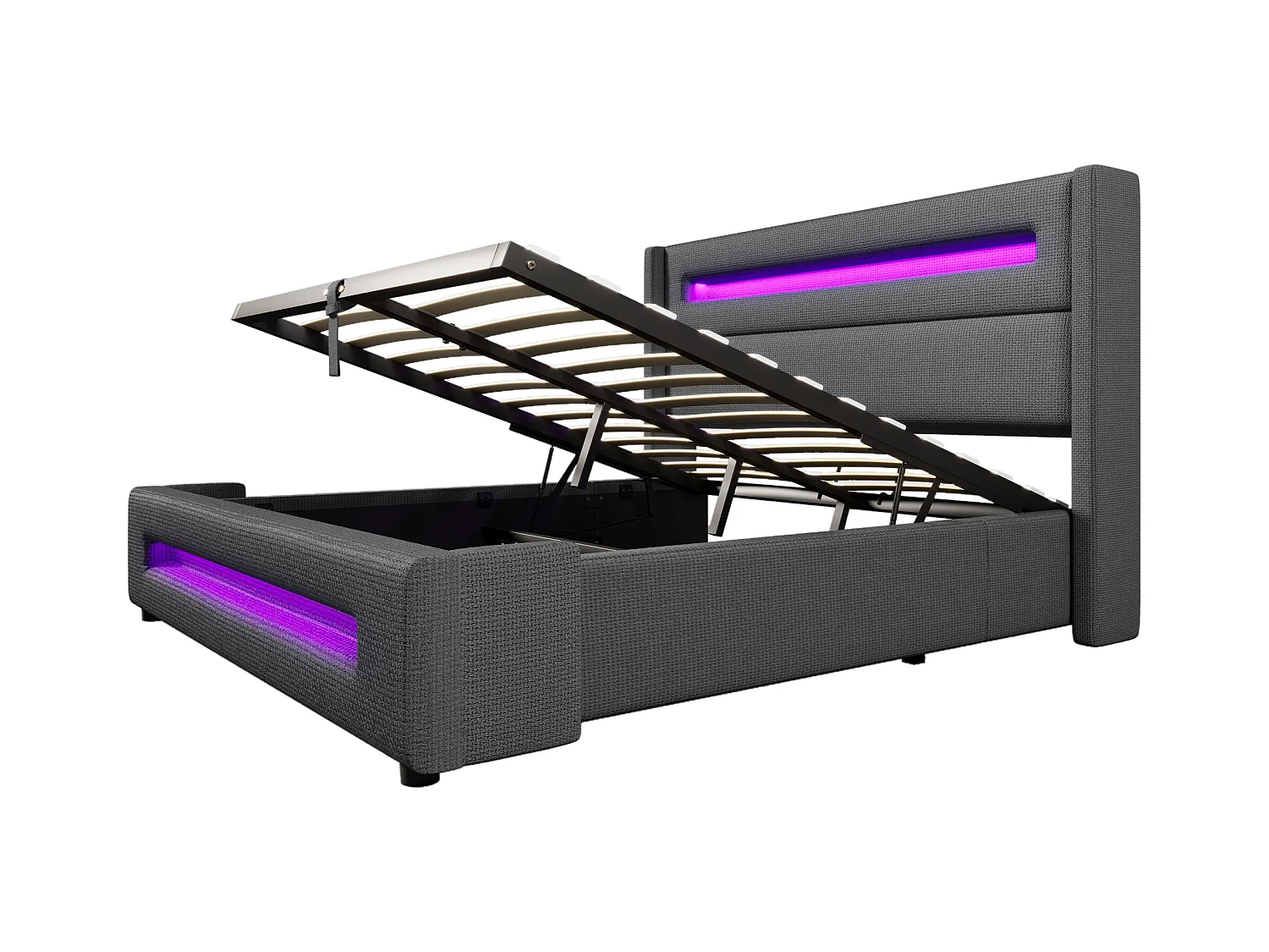 Lit coffre 140x200 cm - Lit adulte avec chargement USB et éclairage LED - lin gris - sans matelas