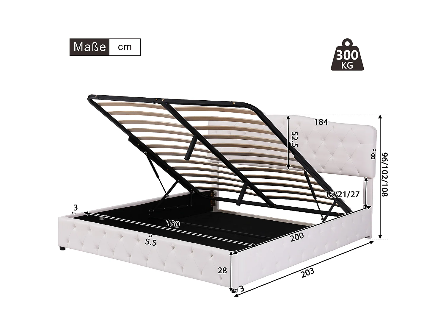 Cama com gavetas 180x200 cm - Cama de casal com cabeceira ajustável em altura - PU branco - sem colchão