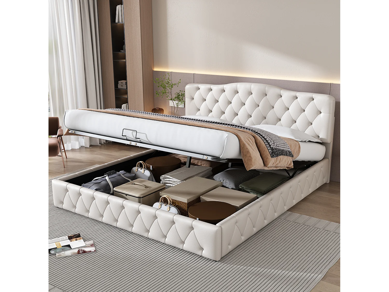 Lit coffre 180x200 cm - Lit double avec tête de lit réglable en hauteur - PU blanc - sans matelas