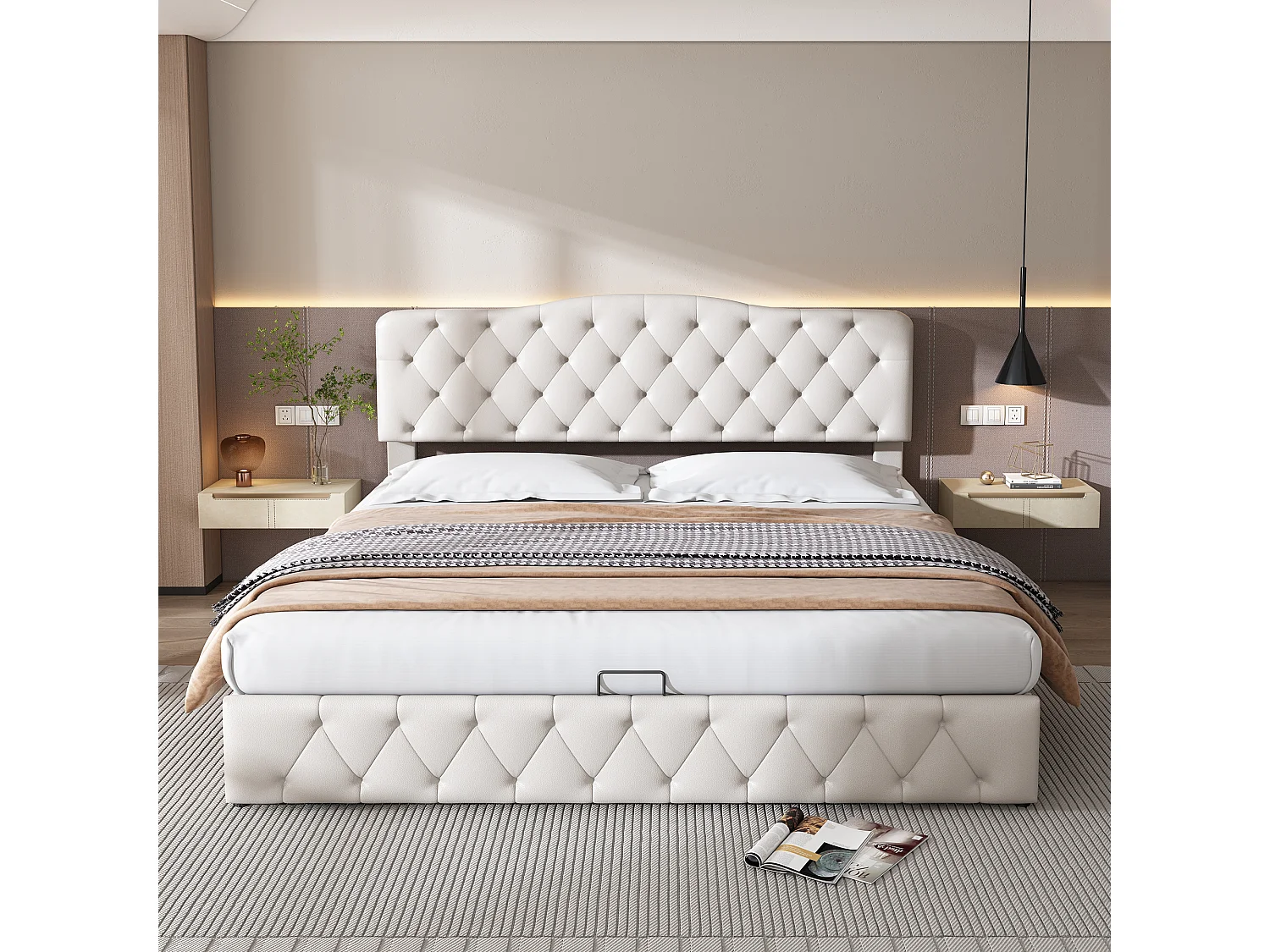 Lit coffre 180x200 cm - Lit double avec tête de lit réglable en hauteur - PU blanc - sans matelas