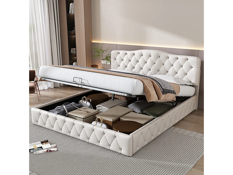 Lit coffre 180x200 cm - Lit double avec tête de lit réglable en hauteur - PU blanc - sans matelas
