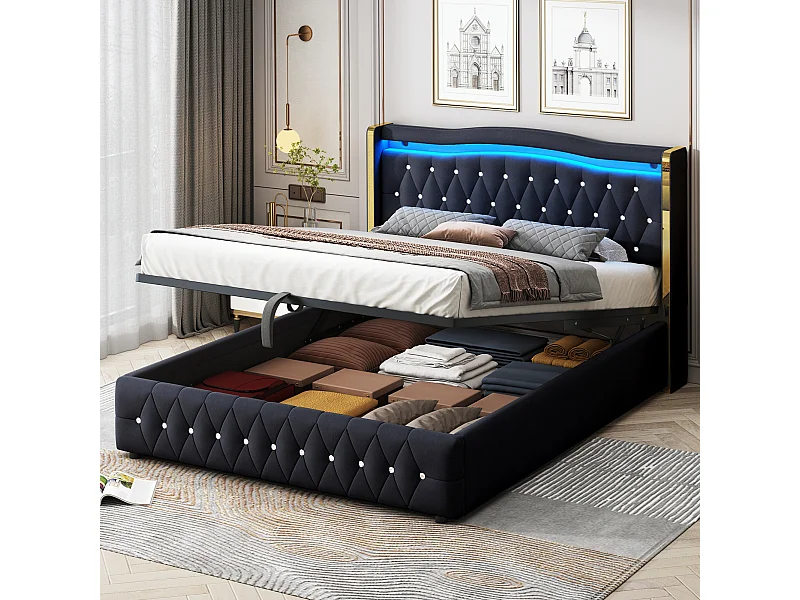 Letto contenitore 160 x 200 cm - Letto per adulti con luci LED e decorazione a rombi - velluto nero - senza materasso