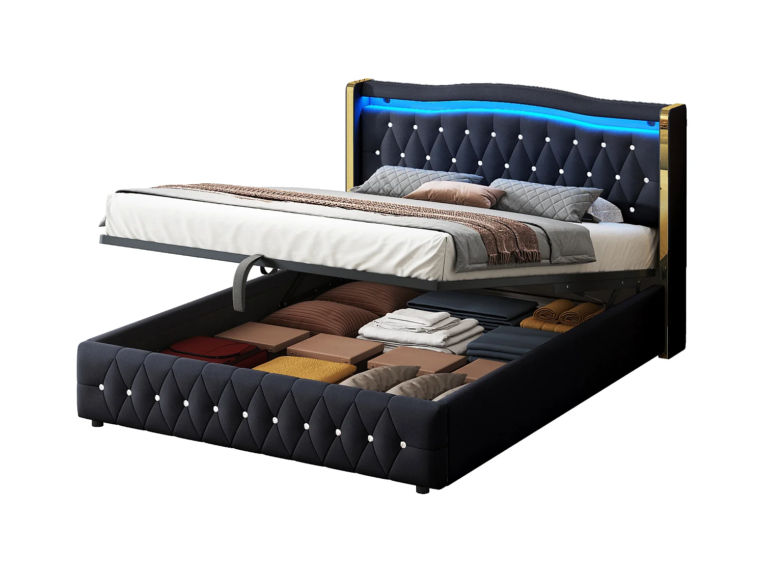 Lit coffre 160 x 200 cm - Lit adulte avec lumières LED et décoration diamant - velours noir - sans matelas