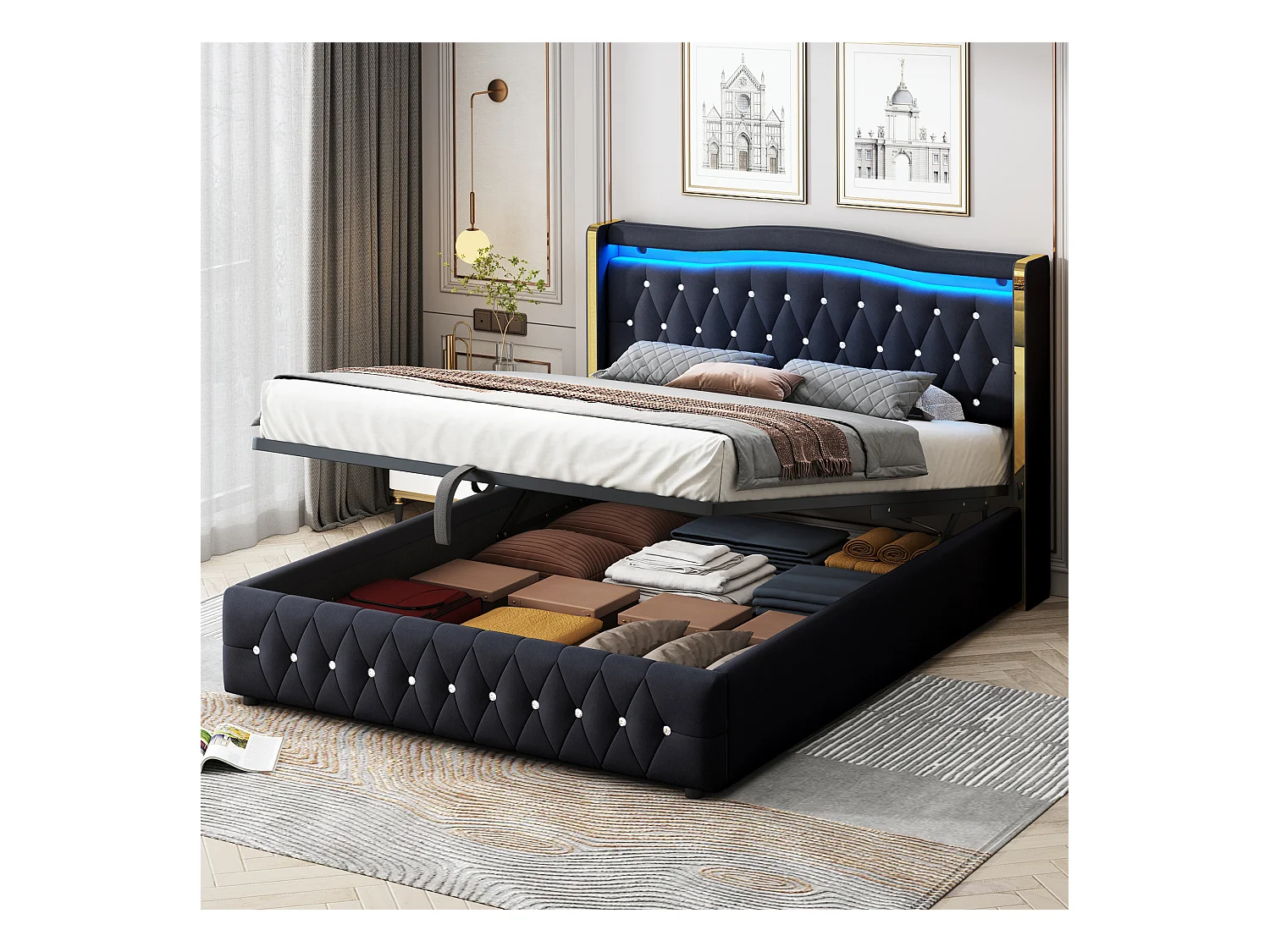 Cama con canapé 160 x 200 cm - Cama para adultos con luces LED y decoración de rombos - terciopelo negro - sin colchón