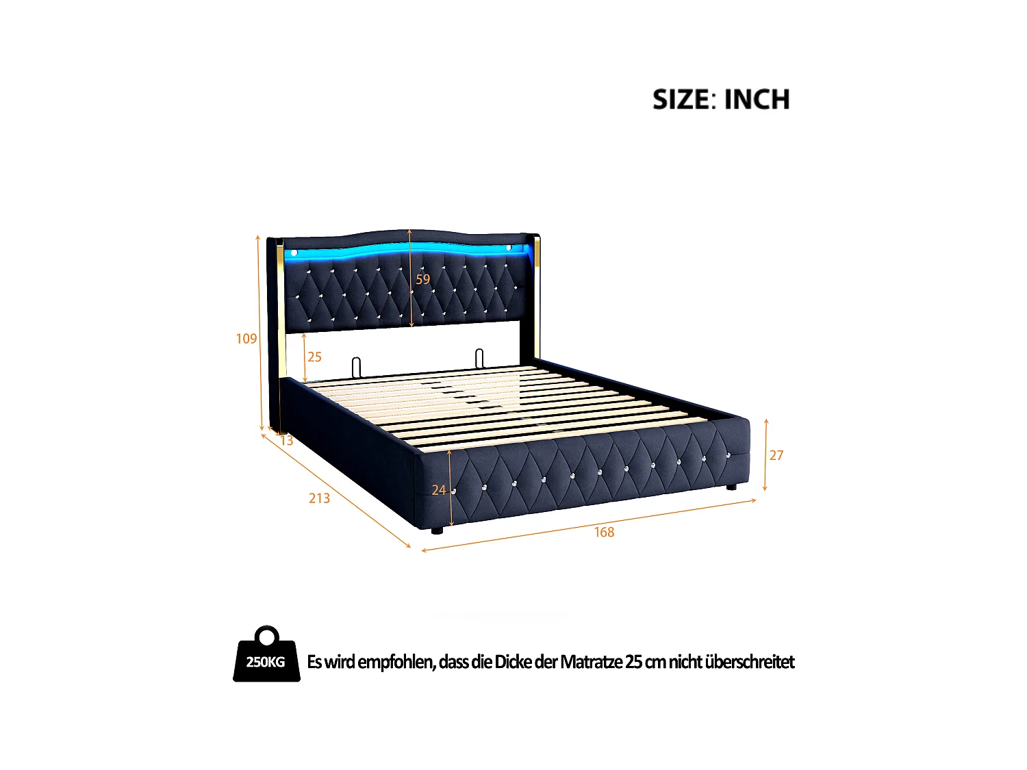 Armação 160 x 200 cm cama - Cama de adulto com luzes LED e decoração em diamante - veludo preto - sem colchão