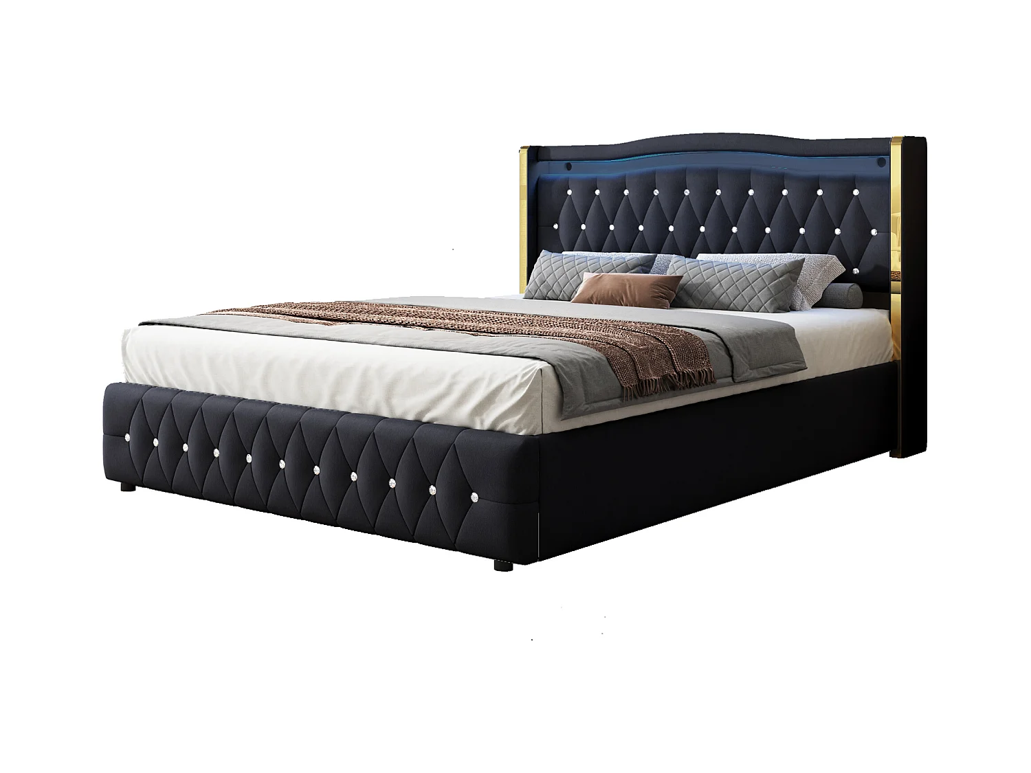 Armação 160 x 200 cm cama - Cama de adulto com luzes LED e decoração em diamante - veludo preto - sem colchão