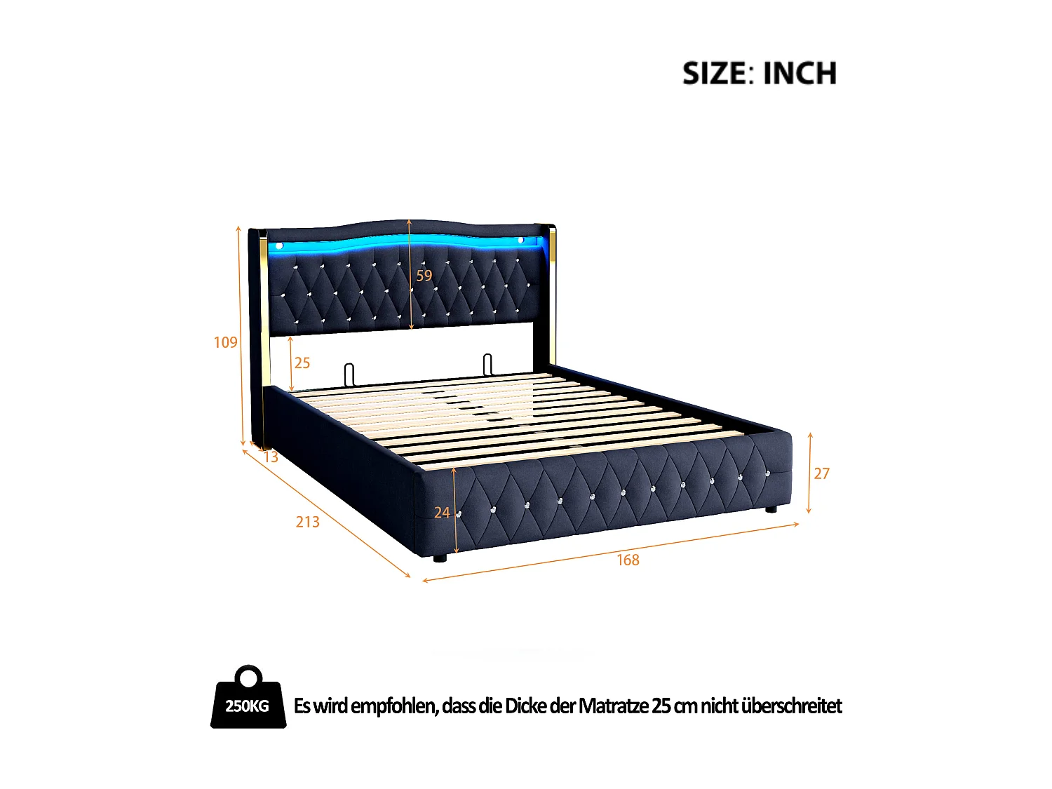 Stauraumbett 160 x 200 cm - Erwachsenenbett mit LED-Leuchten und Rautendekor - schwarzer samt - ohne matratze