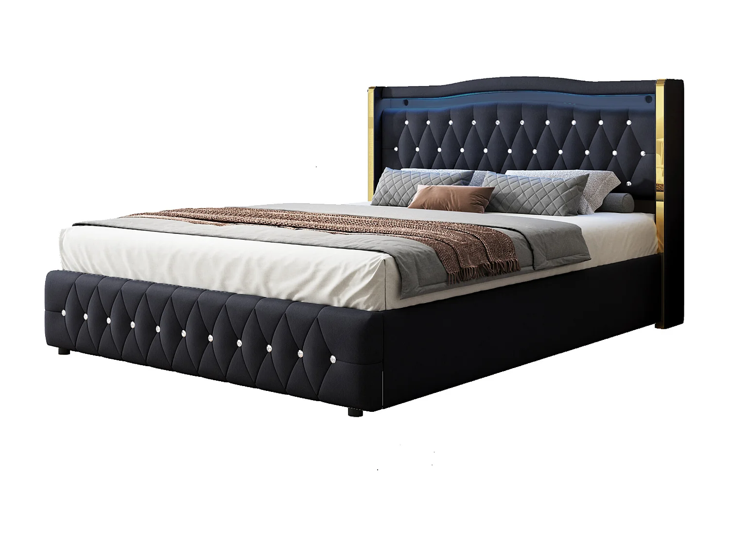 Stauraumbett 160 x 200 cm - Erwachsenenbett mit LED-Leuchten und Rautendekor - schwarzer samt - ohne matratze