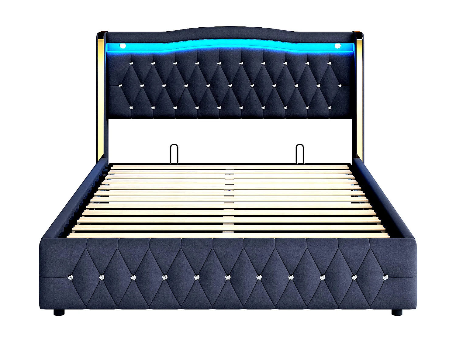 Stauraumbett 160 x 200 cm - Erwachsenenbett mit LED-Leuchten und Rautendekor - schwarzer samt - ohne matratze