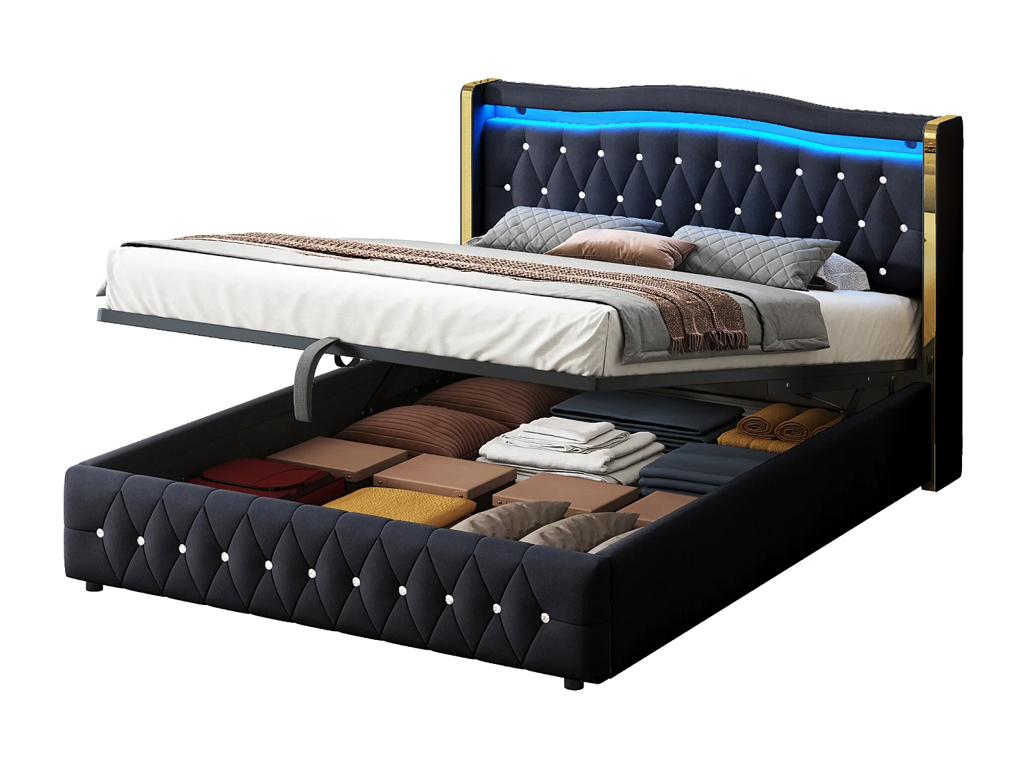 Stauraumbett 160 x 200 cm - Erwachsenenbett mit LED-Leuchten und Rautendekor - schwarzer samt - ohne matratze