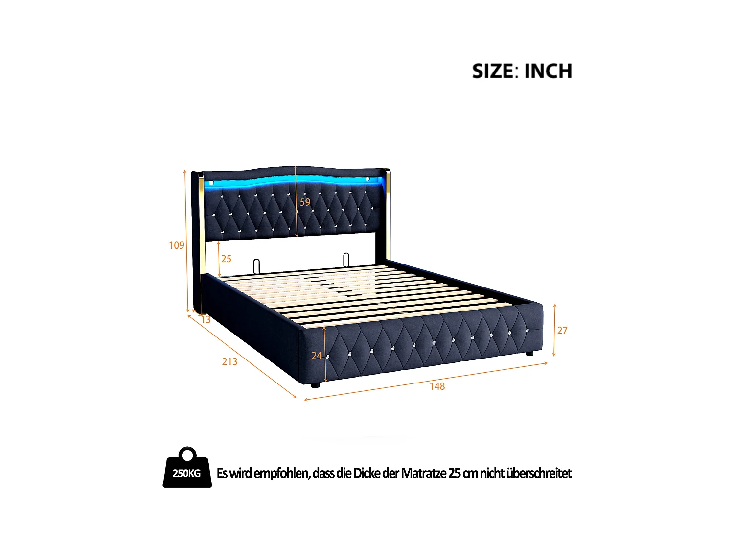 Lit coffre 140 x 200 cm - Lit adulte avec lumières LED et décoration diamant - velours noir - sans matelas