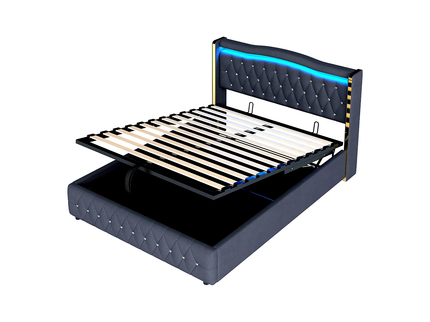 Lit coffre 140 x 200 cm - Lit adulte avec lumières LED et décoration diamant - velours noir - sans matelas