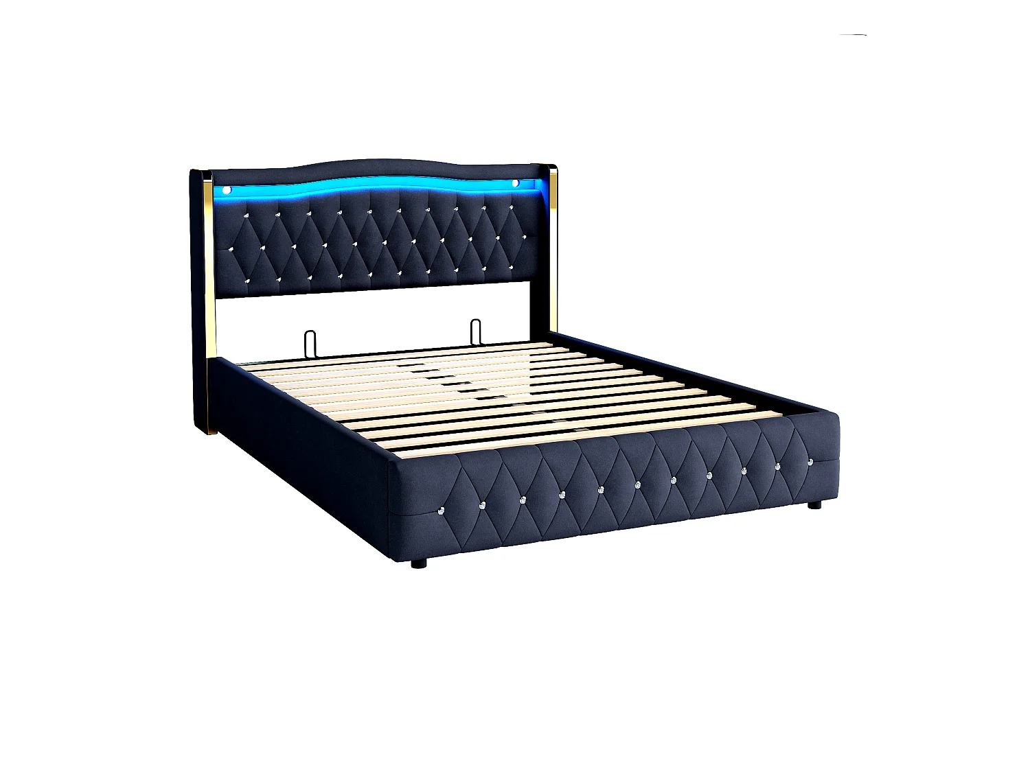 Lit coffre 140 x 200 cm - Lit adulte avec lumières LED et décoration diamant - velours noir - sans matelas