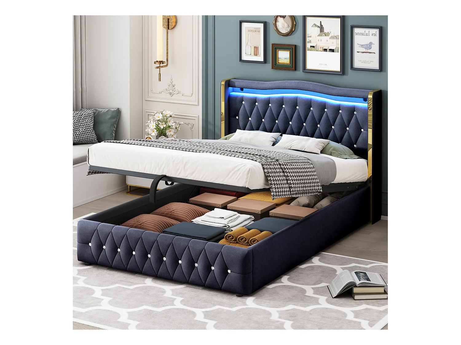 Cama con canapé 140 x 200 cm - Cama para adultos con luces LED y decoración de rombos - terciopelo negro - sin colchón