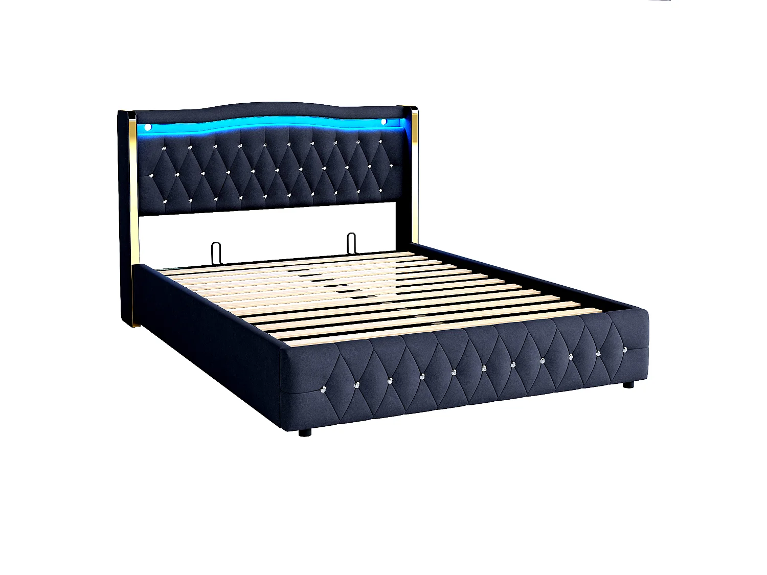 Stauraumbett 140 x 200 cm - Erwachsenenbett mit LED-Leuchten und Rautendekor - schwarzer samt - ohne matratze