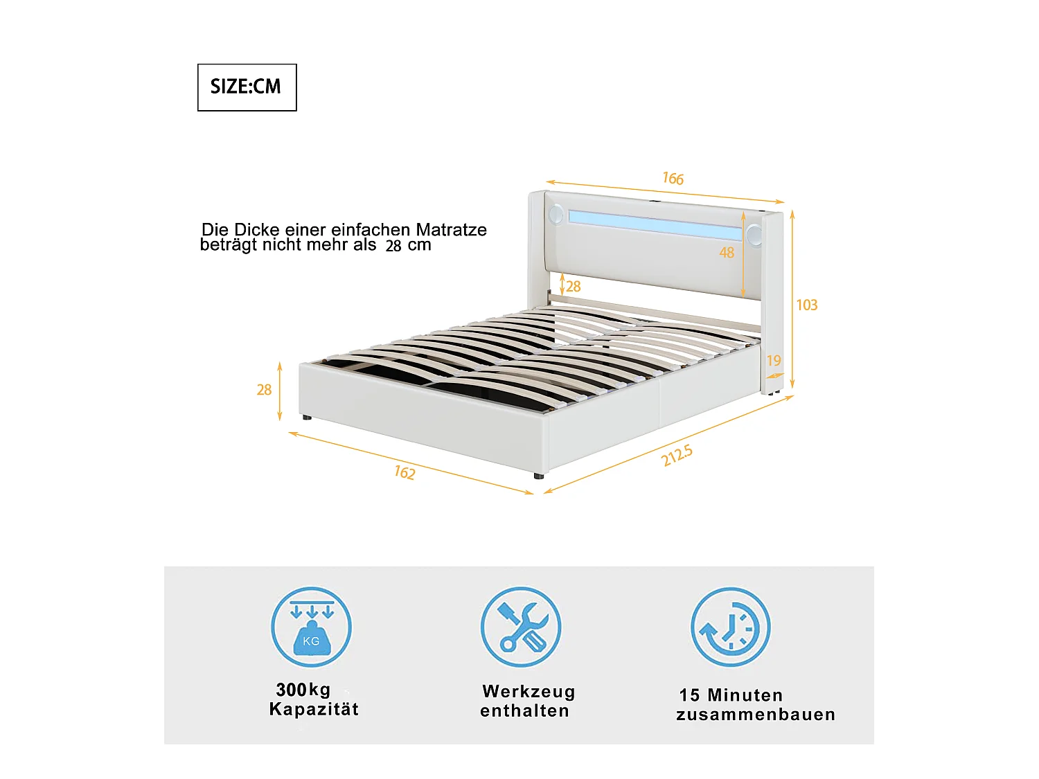 Lit coffre 160x200 cm - Lit double avec USB, lumière LED et lecteur Bluetooth - PU blanc - sans matelas