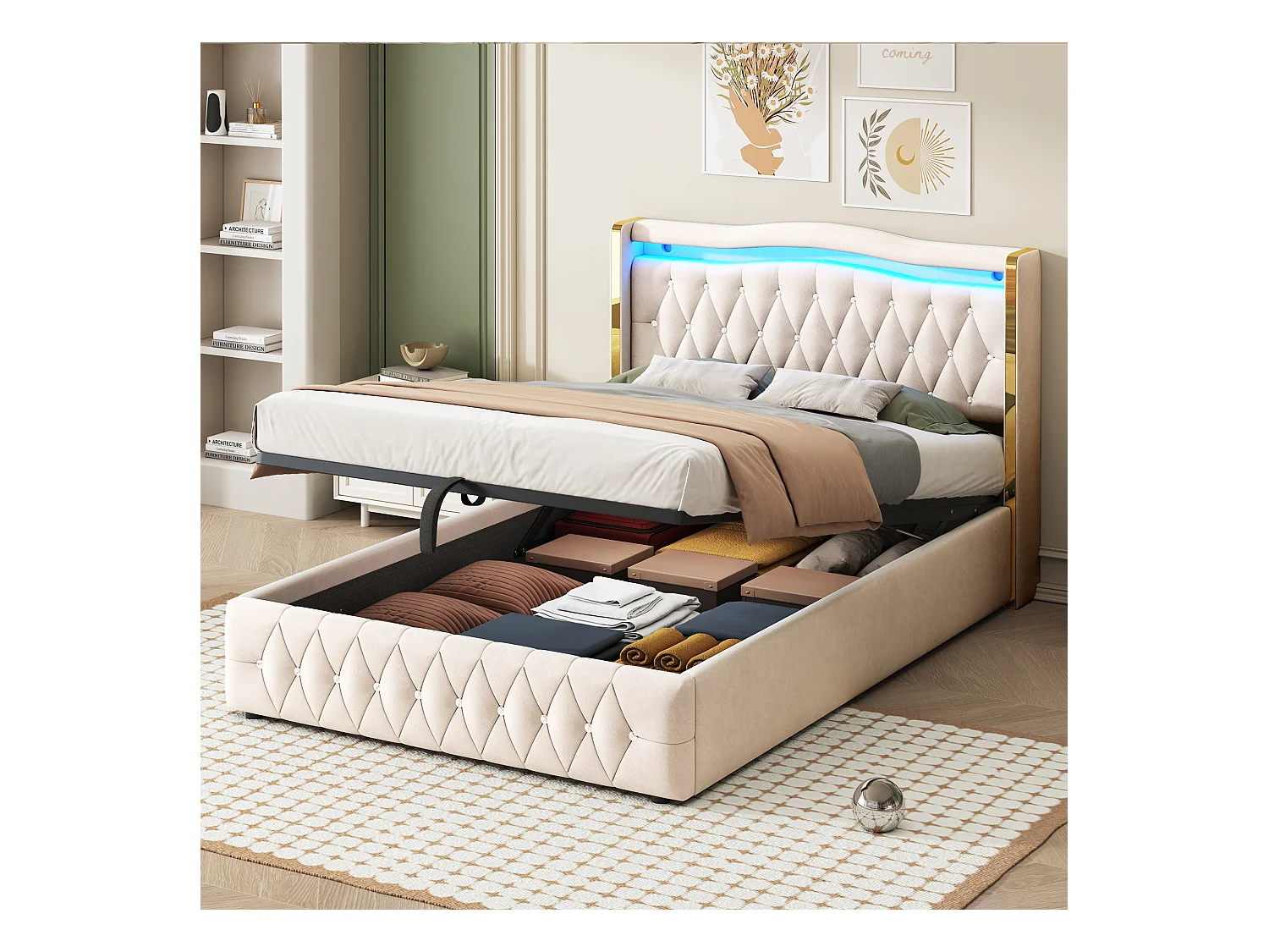 Lit coffre 140 x 200 cm - Lit adulte avec lumières LED et décoration diamant - velours beige - sans matelas