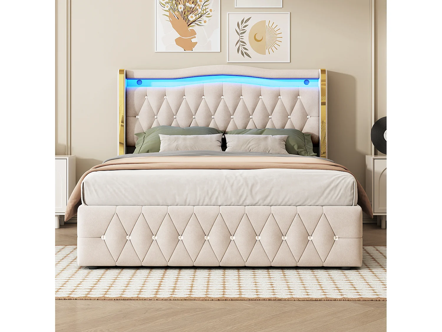 Stauraumbett 140 x 200 cm - Erwachsenenbett mit LED-Leuchten und Rautendekor - beigefarbener samt - ohne matratze