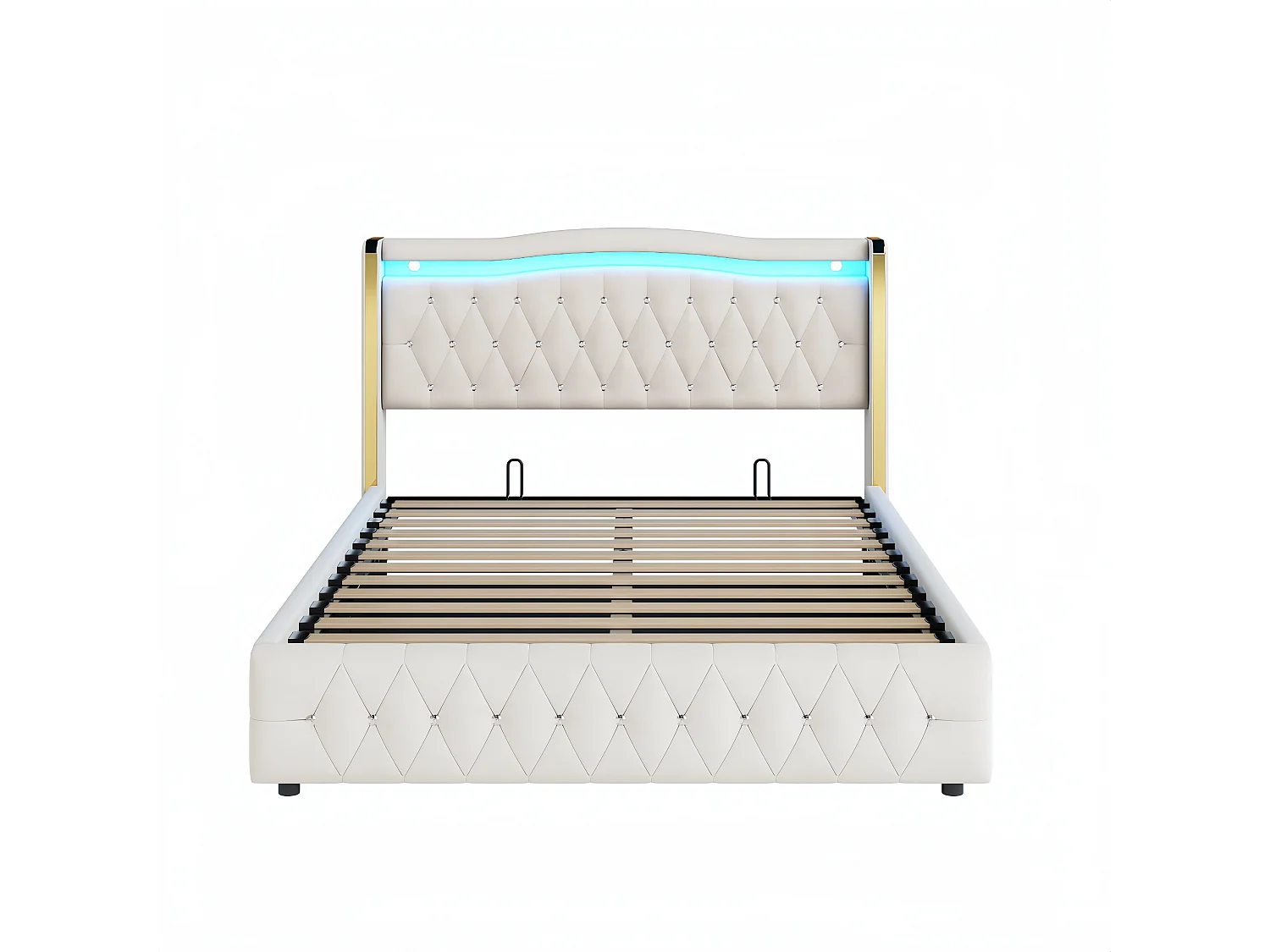 Stauraumbett 140 x 200 cm - Erwachsenenbett mit LED-Leuchten und Rautendekor - beigefarbener samt - ohne matratze