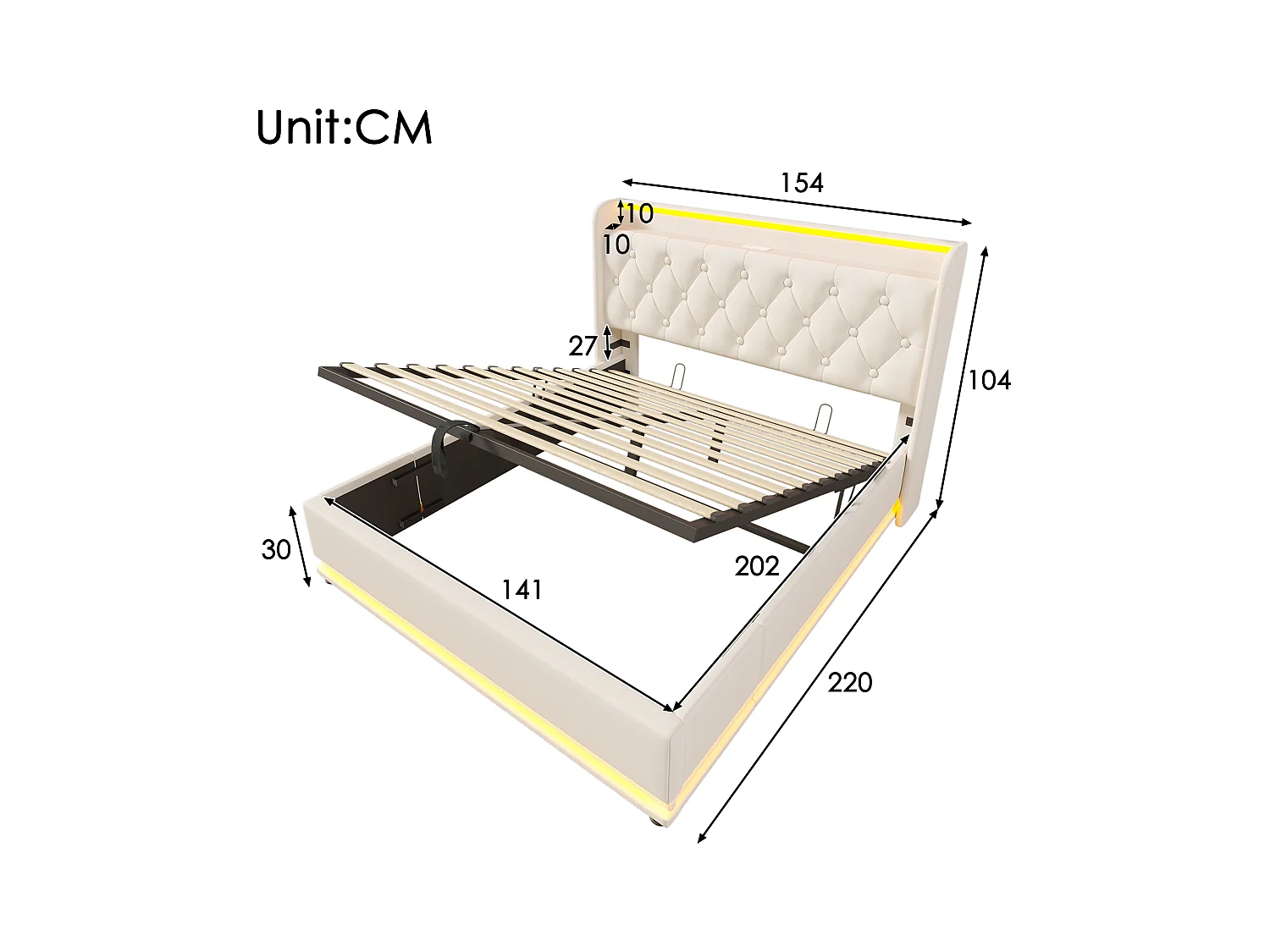 Lit coffre 140x200 cm - Lit adulte avec chargement USB et éclairage LED - PU blanc - sans matelas