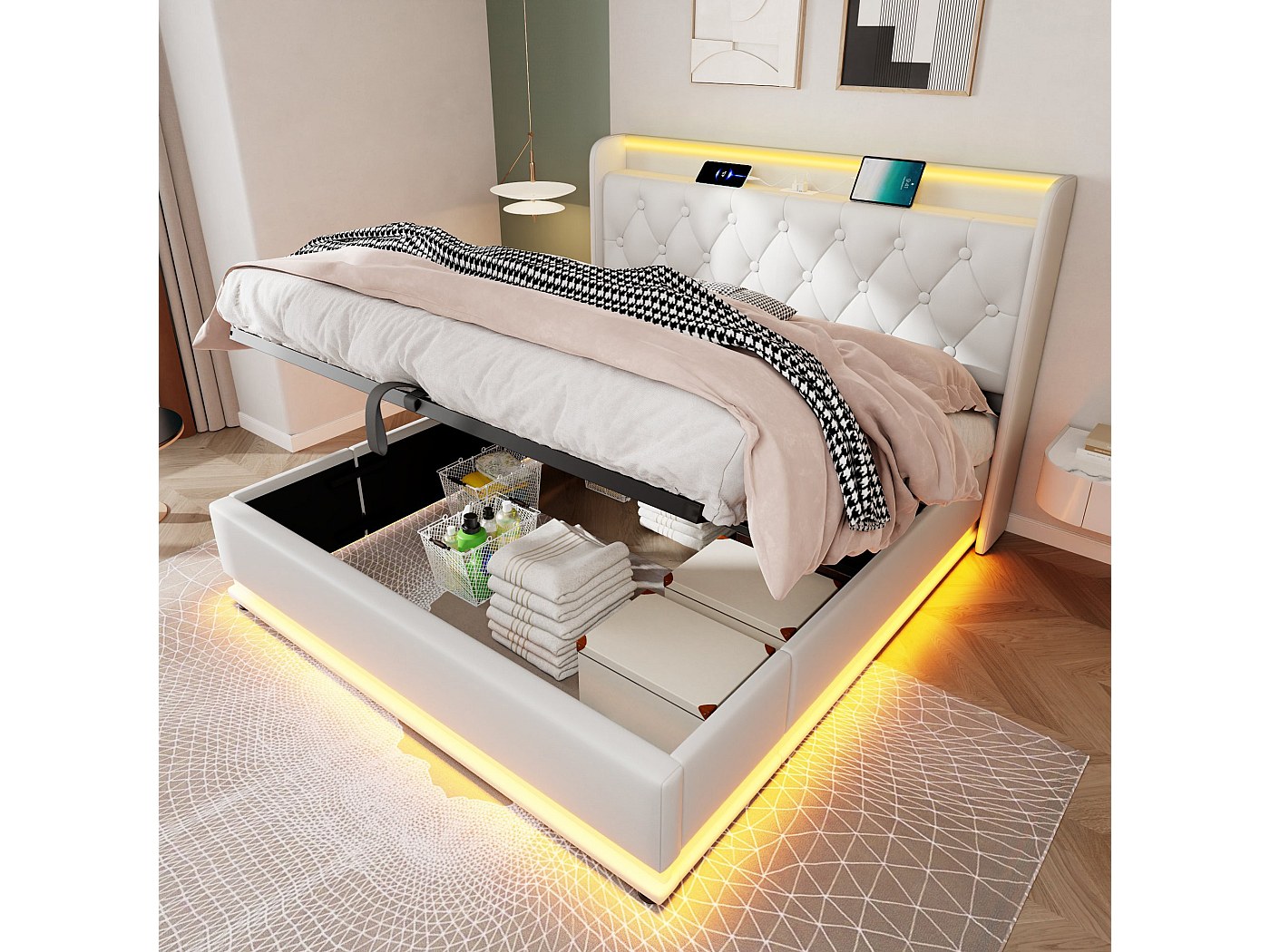 Letto imbottito 140 x 200 cm con testiera e 2 cassetti - Porta USB e LED - Tessuto in lino - Beige (senza materasso) | Leroy Merlin