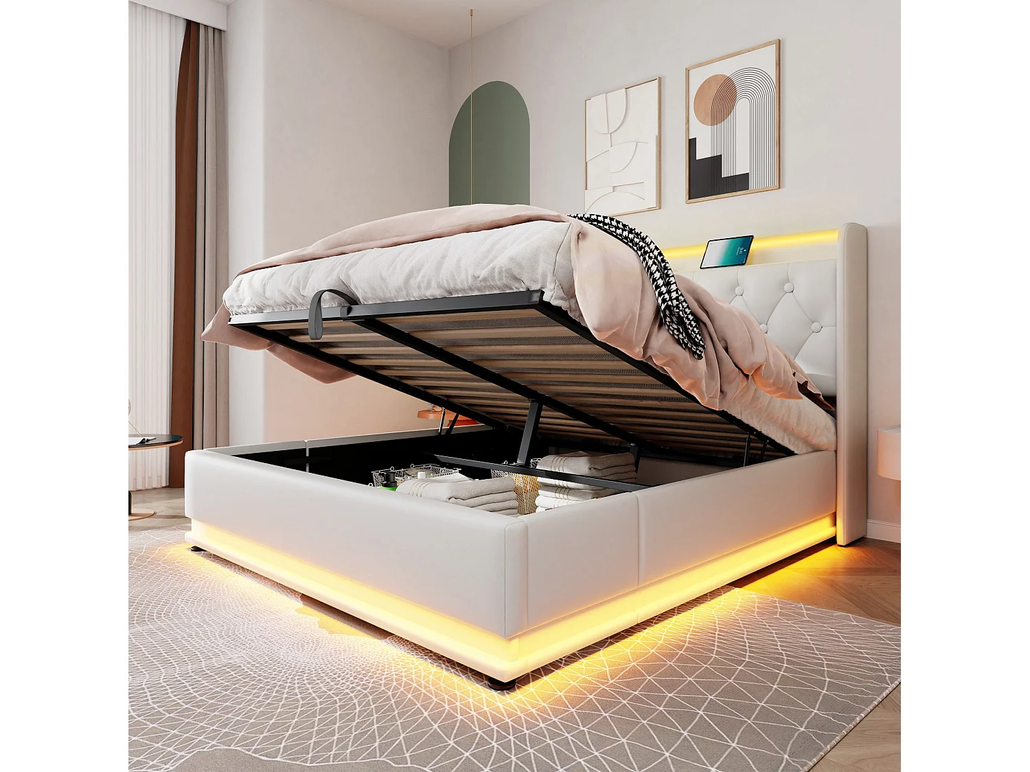 Lit coffre 140x200 cm - Lit adulte avec chargement USB et éclairage LED - PU blanc - sans matelas