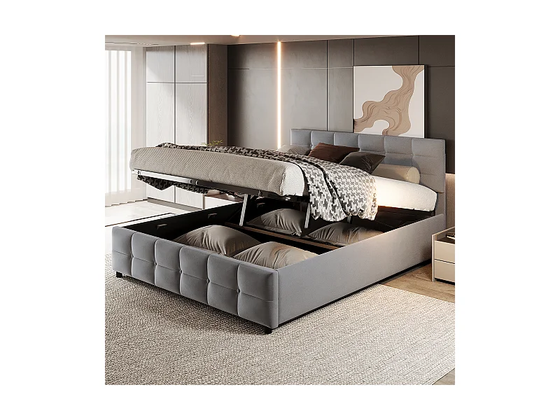 Cama com arrumação 180 x 200 cm - Cama de adulto com estrado e encosto de ripas - veludo cinzento - sem colchão