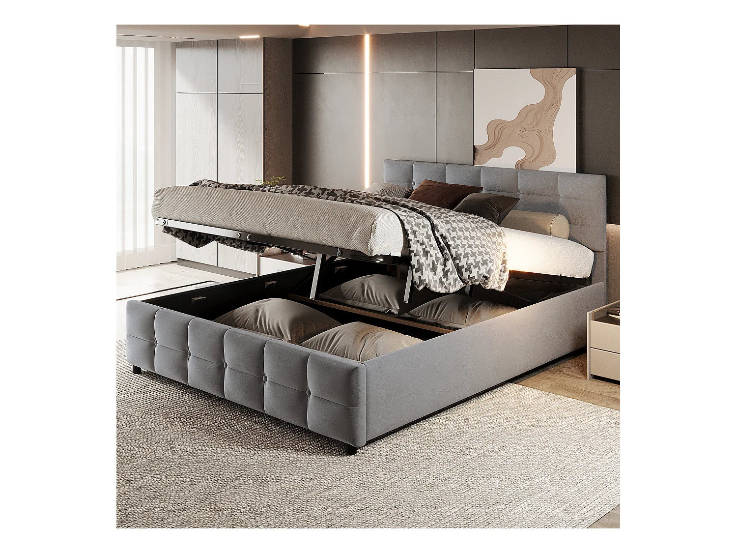 Lit coffre 180x200 cm - Lit adulte avec sommier à lattes et dossier - velours gris - sans matelas