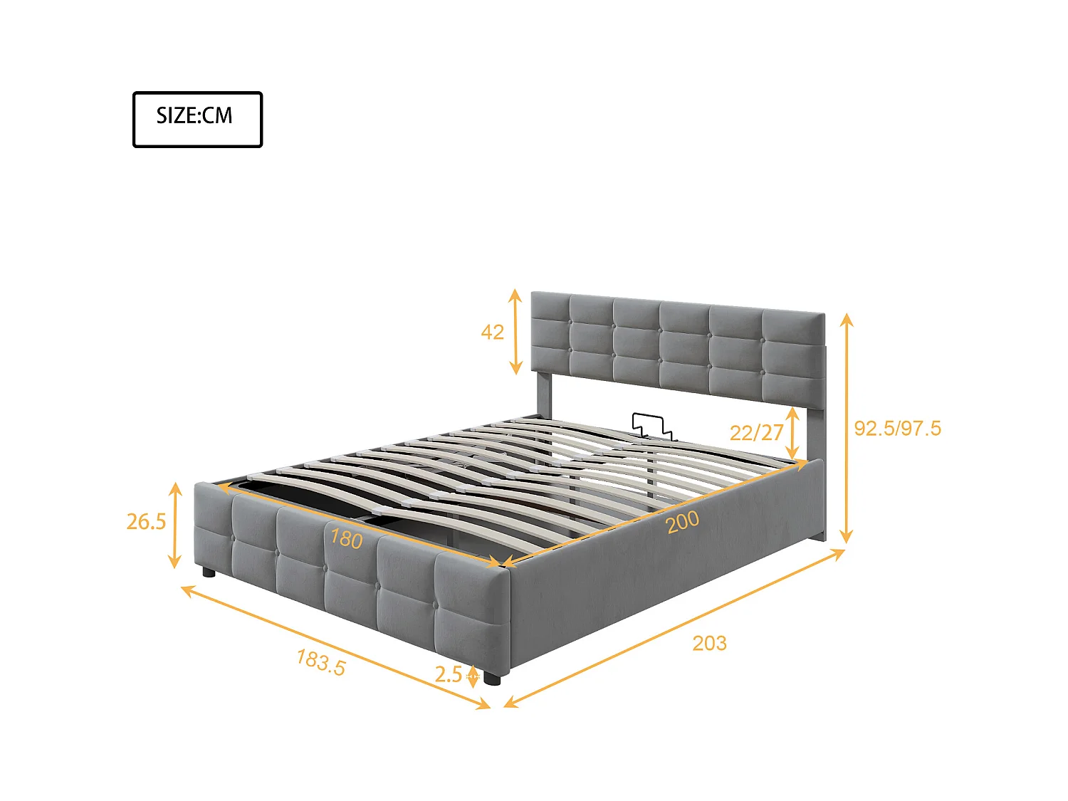 Łóżko 180x200 cm z pojemnikiem - Łóżko dla dorosłych z dnem i oparciem - szary aksamit - bez materaca