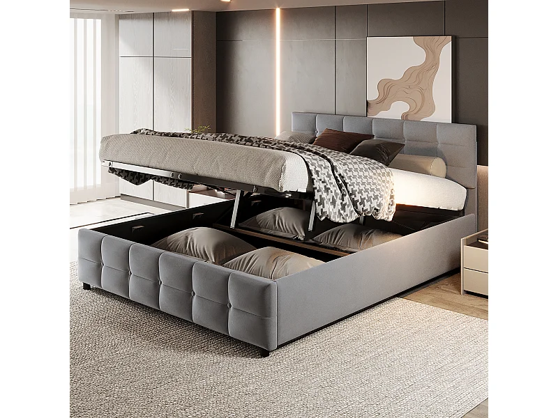 Lit coffre 180x200 cm - Lit adulte avec sommier à lattes et dossier - velours gris - sans matelas