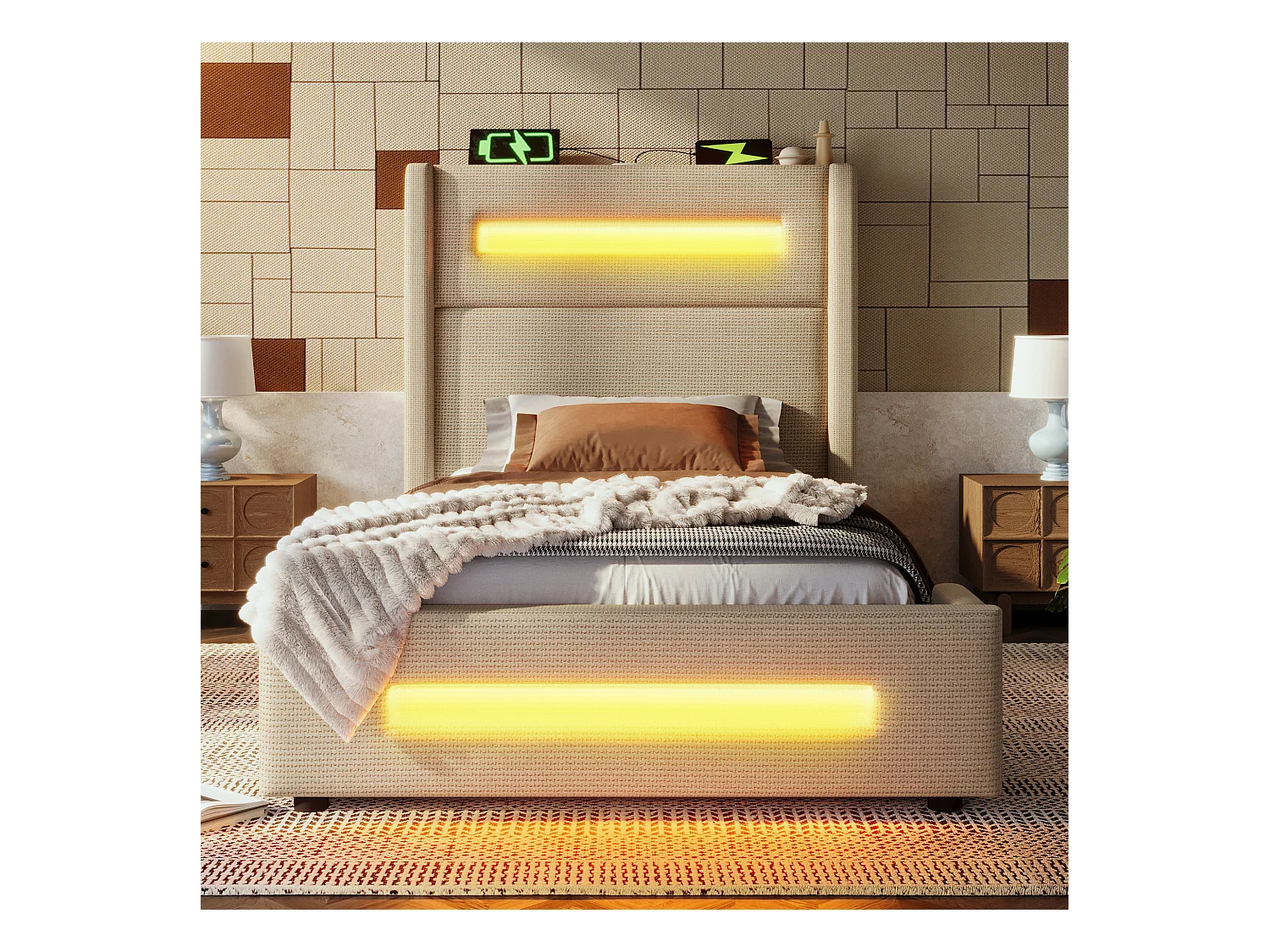 Lit coffre 90x200 cm - Lit enfant avec chargement USB et éclairage LED - lin beige - sans matelas
