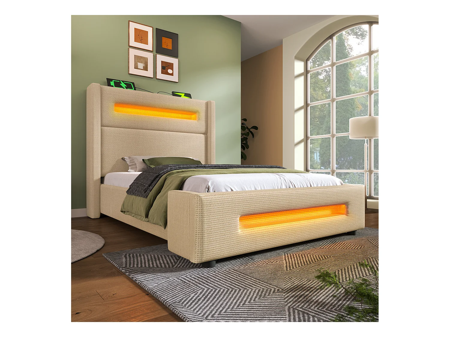 Lit coffre 90x200 cm - Lit enfant avec chargement USB et éclairage LED - lin beige - sans matelas