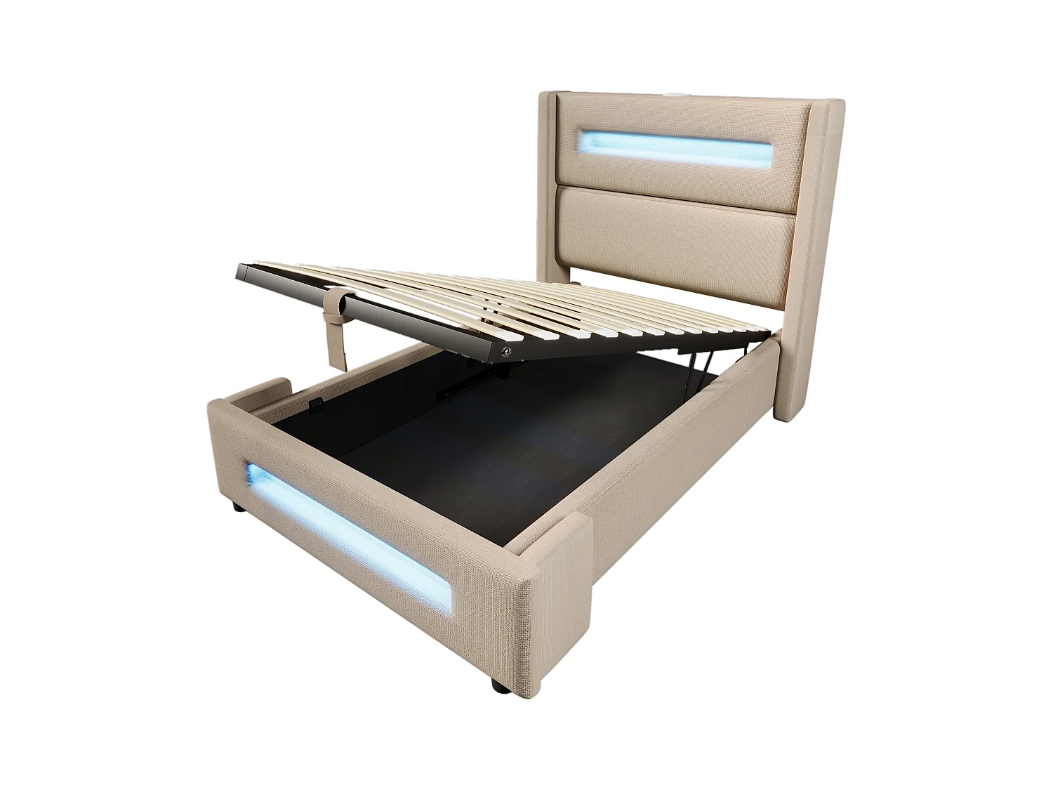 Lit coffre 90x200 cm - Lit enfant avec chargement USB et éclairage LED - lin beige - sans matelas
