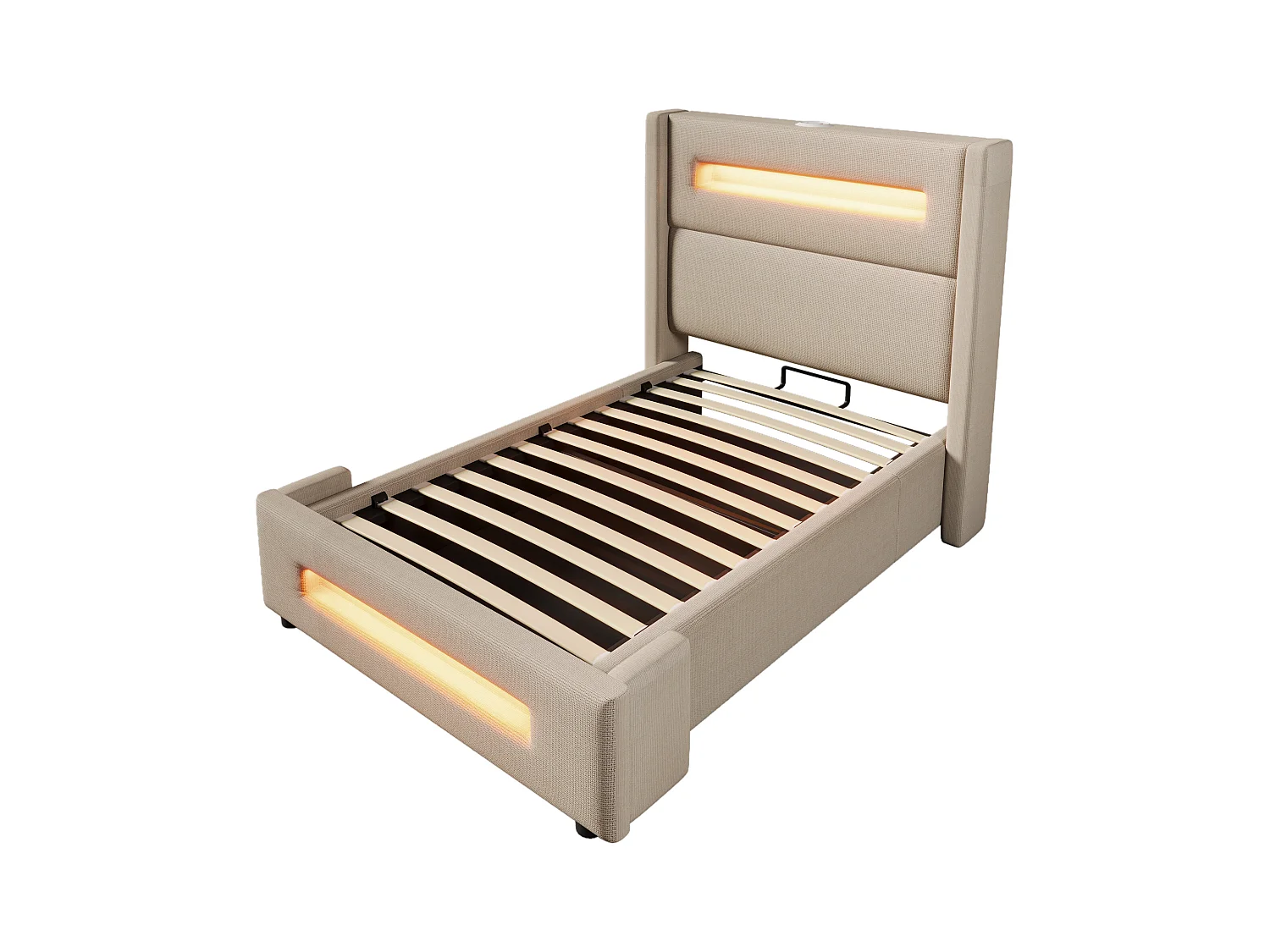Lit coffre 90x200 cm - Lit enfant avec chargement USB et éclairage LED - lin beige - sans matelas