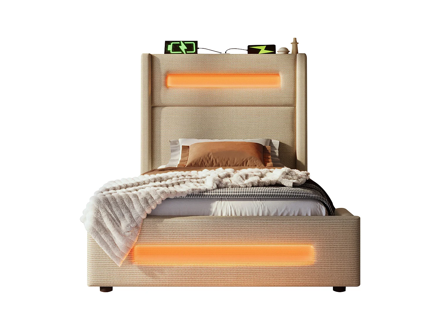 Lit coffre 90x200 cm - Lit enfant avec chargement USB et éclairage LED - lin beige - sans matelas