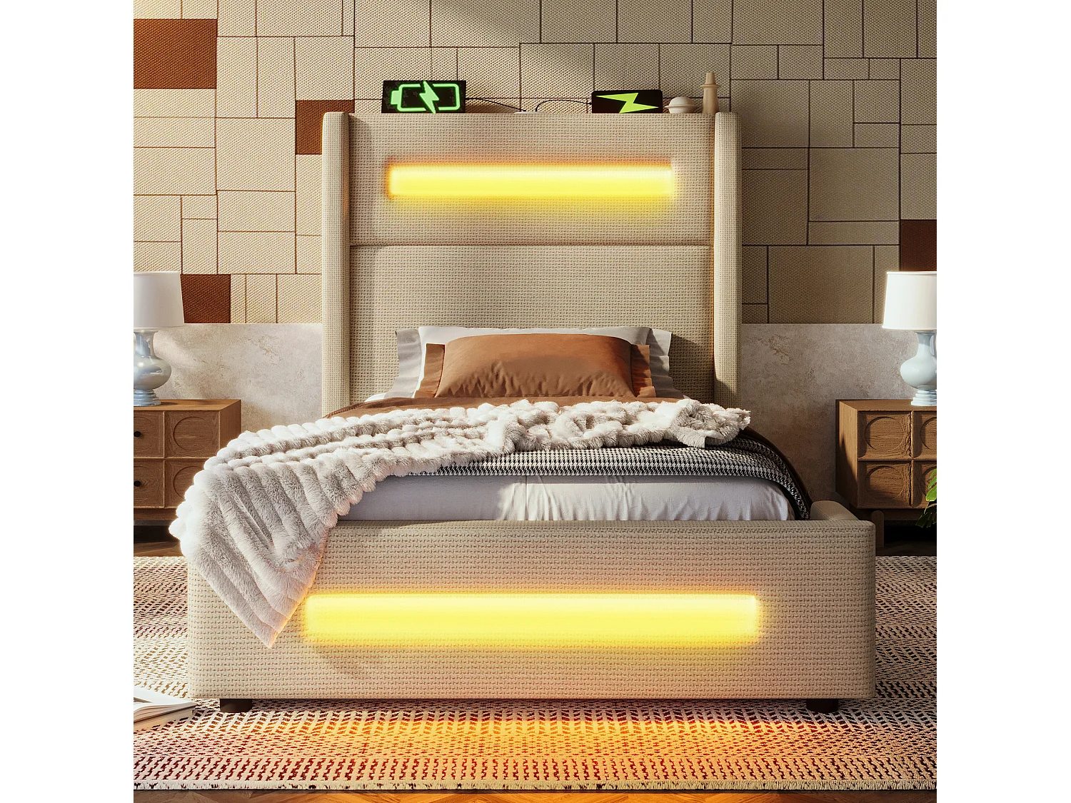 Lit coffre 90x200 cm - Lit enfant avec chargement USB et éclairage LED - lin beige - sans matelas