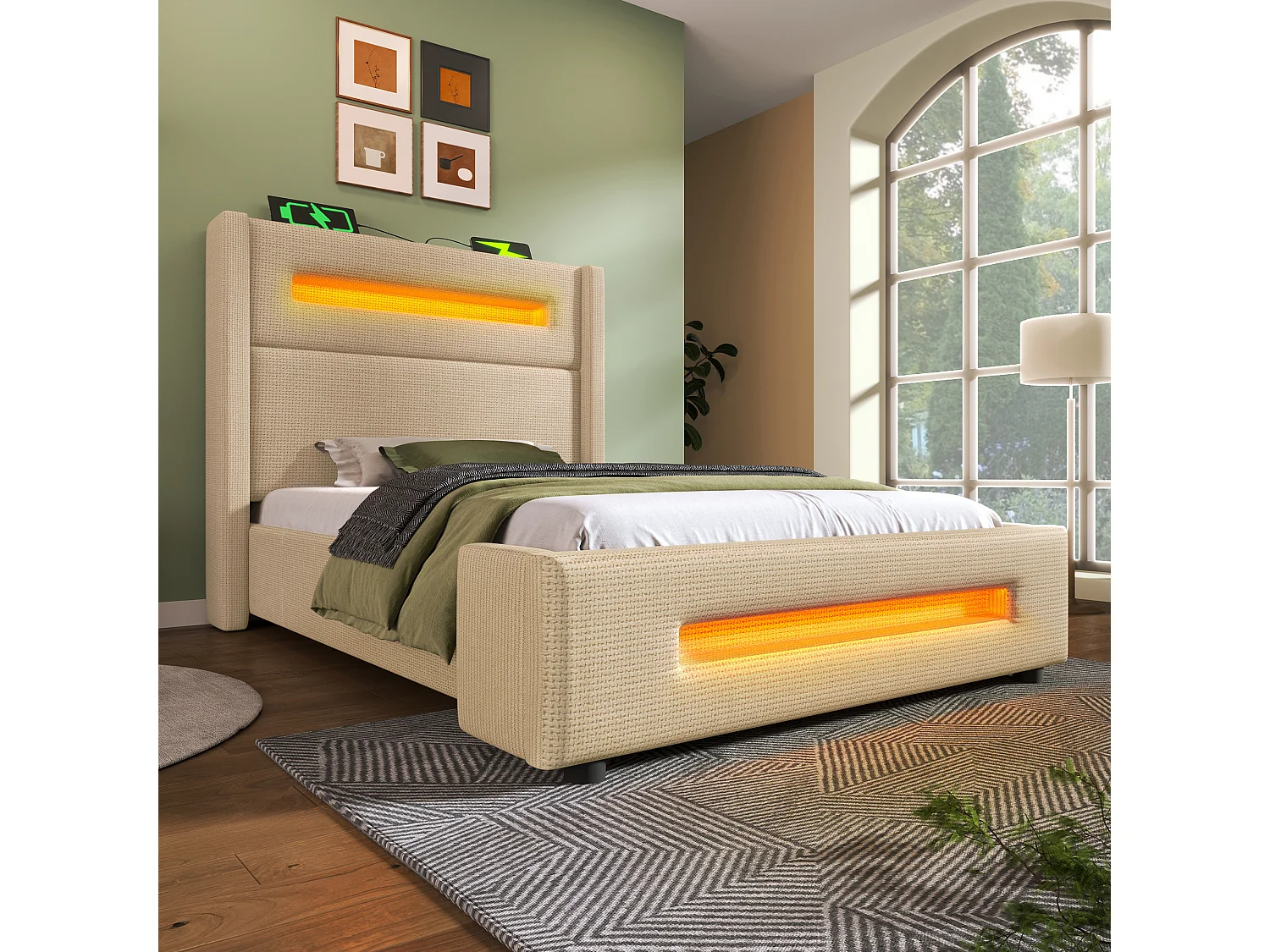 Lit coffre 90x200 cm - Lit enfant avec chargement USB et éclairage LED - lin beige - sans matelas