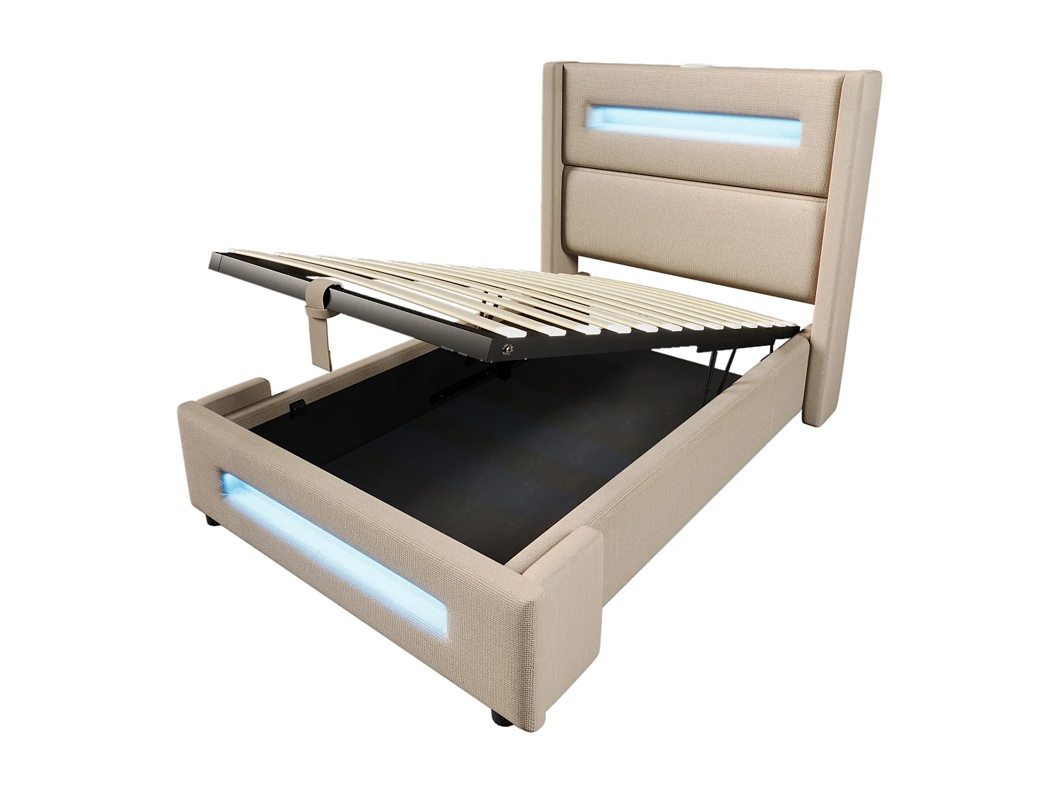 Lit coffre 90x200 cm - Lit enfant avec chargement USB et éclairage LED - lin beige - sans matelas