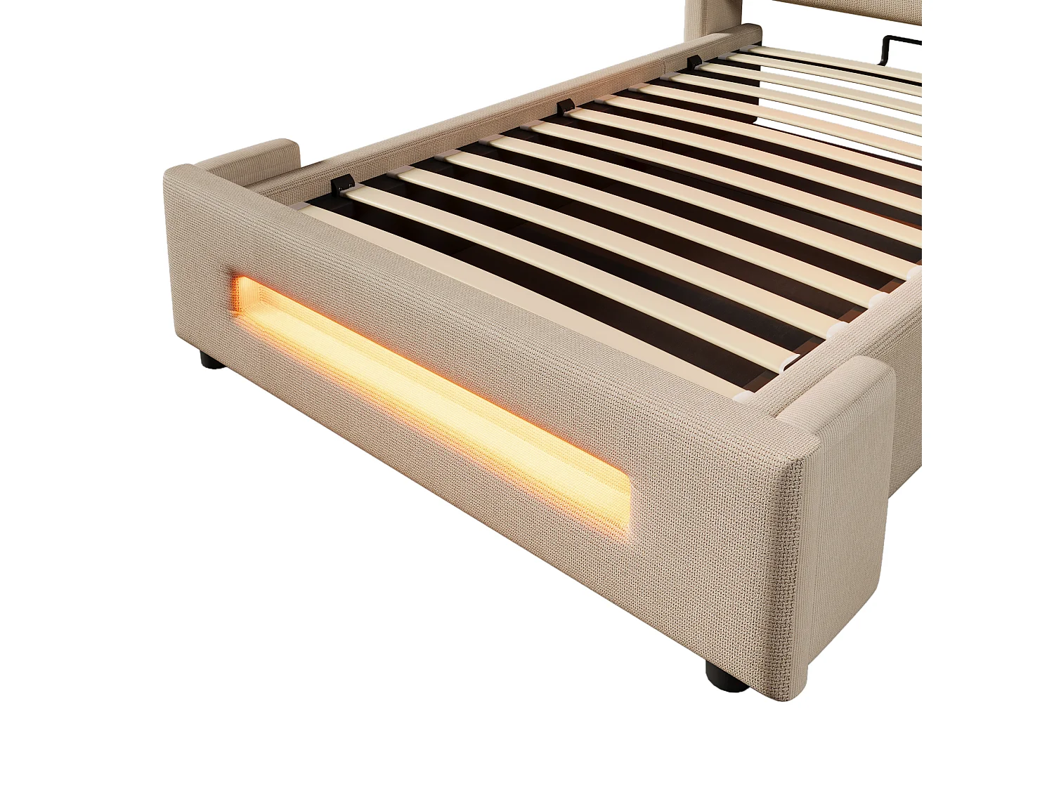 Lit coffre 90x200 cm - Lit enfant avec chargement USB et éclairage LED - lin beige - sans matelas
