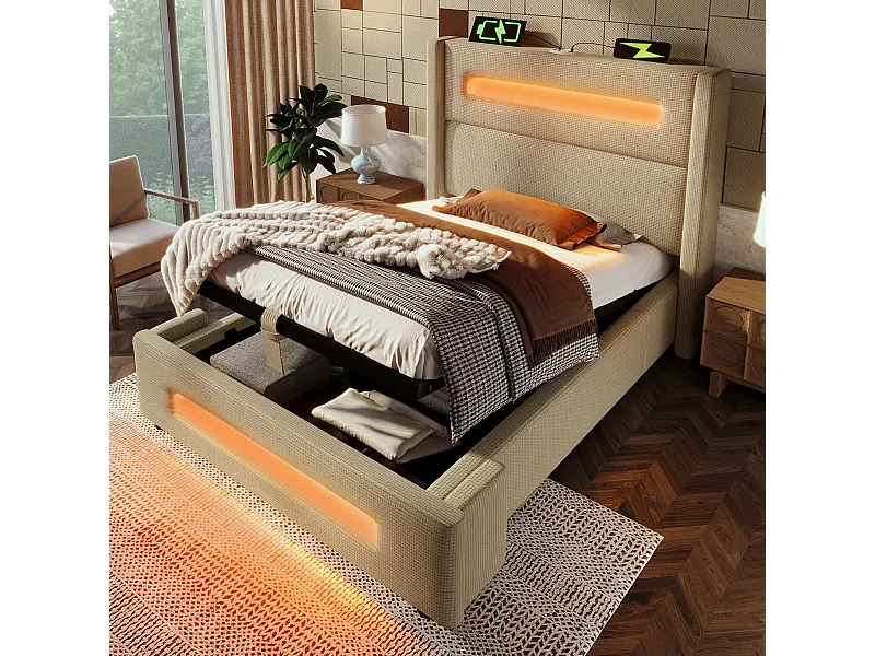 Łóżko 90x200 cm z pojemnikiem - Łóżko dla dzieci z ładowaniem USB i oświetleniem LED - beżowy len - bez materaca