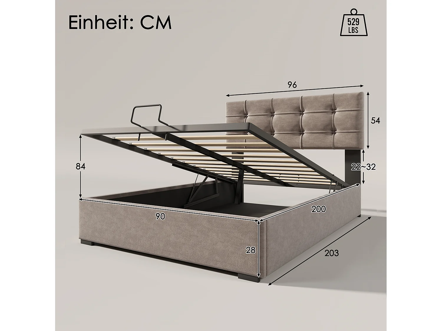 Łóżko 90x200 cm z pojemnikiem - Łóżko pojedyncze z regulowanym zagłówkiem i stelażem z listew - jasnoszary aksamit - bez materaca