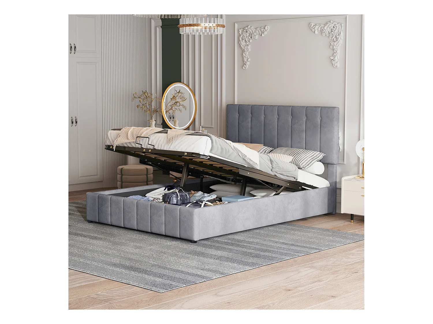 Łóżko z pojemnikiem 140x200 cm - Łóżko podwójne z regulowanym zagłówkiem i stelażem z listew - Szary aksamit