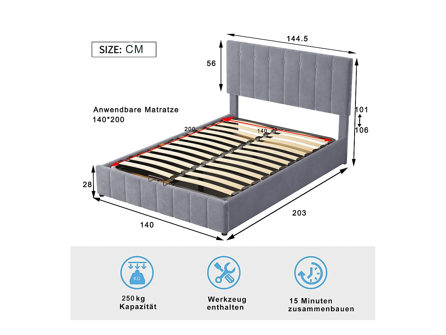 Łóżko z pojemnikiem 140x200 cm - Łóżko podwójne z regulowanym zagłówkiem i stelażem z listew - Szary aksamit